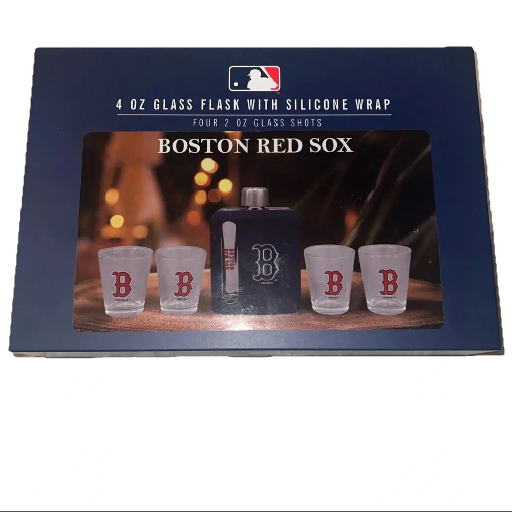 Boston Red Sox 4 Oz Glass Flask W/ Silicone Wrap 4 2oz Glass Shots